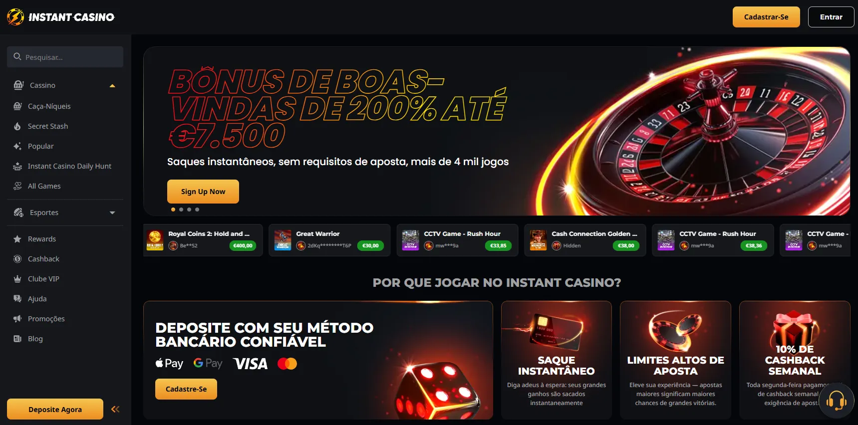 Instant Casino – Cripto e saques imediatos
